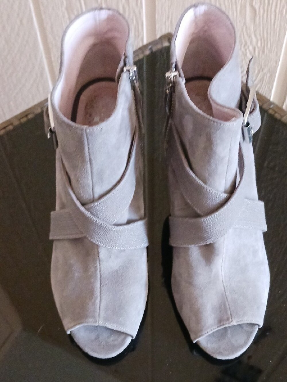 Vince Camuto Gray Suede Crisscross Wedge Booties - Picture 3 of 11
